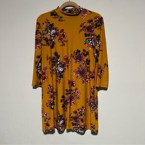 As U Wish Medium Mustard Yellow Floral Print Mock Neck Shift Dress 3/4 Sleeve